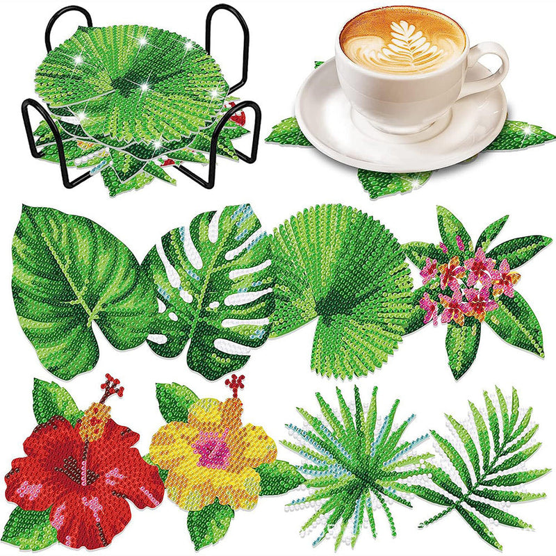 Feuilles vertes Sous-tasse Broderie Diamant 8Pcs