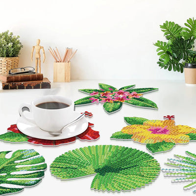 Feuilles vertes Sous-tasse Broderie Diamant 8Pcs