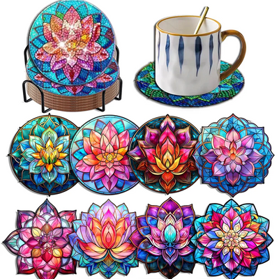 Lotus coloré Sous-tasse Broderie Diamant 8Pcs