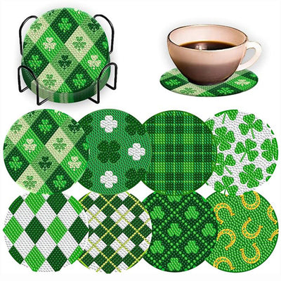 Trèfle vert Sous-tasse Broderie Diamant 8Pcs