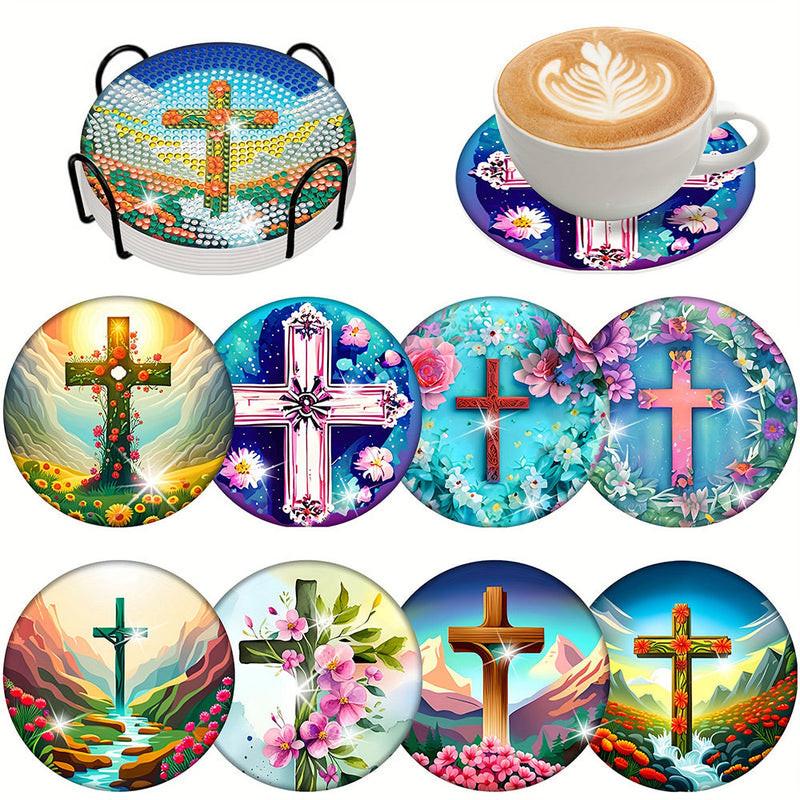 Croix du christianisme Sous-tasse Broderie Diamant 8Pcs