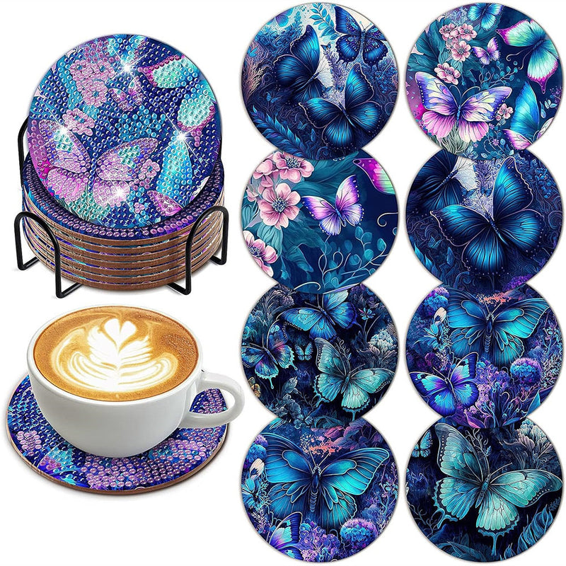 Papillon bleu Sous-tasse Broderie Diamant 8Pcs