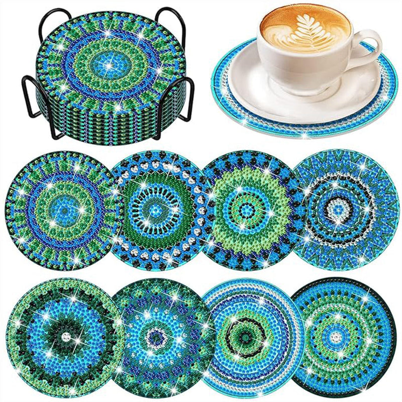 Mandala vert Sous-tasse Broderie Diamant 8Pcs