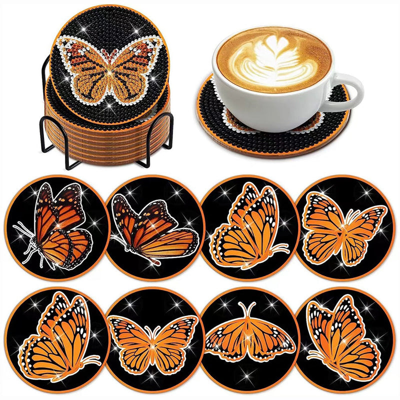 Papillon orange Sous-tasse Broderie Diamant 8Pcs