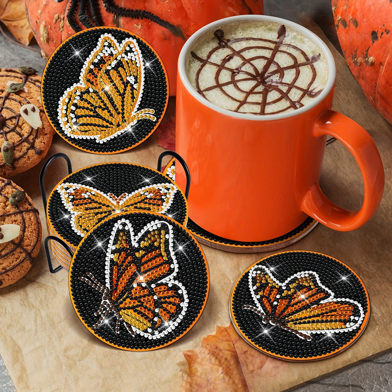 Papillon orange Sous-tasse Broderie Diamant 8Pcs