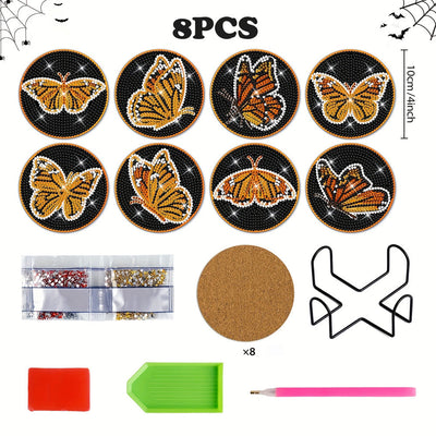 Papillon orange Sous-tasse Broderie Diamant 8Pcs