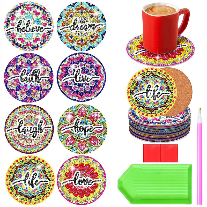 Texte de fleur Sous-tasse Broderie Diamant 8Pcs