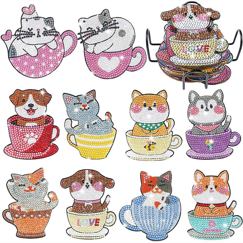 Chat mignon de tasse Sous-tasse Broderie Diamant 10Pcs