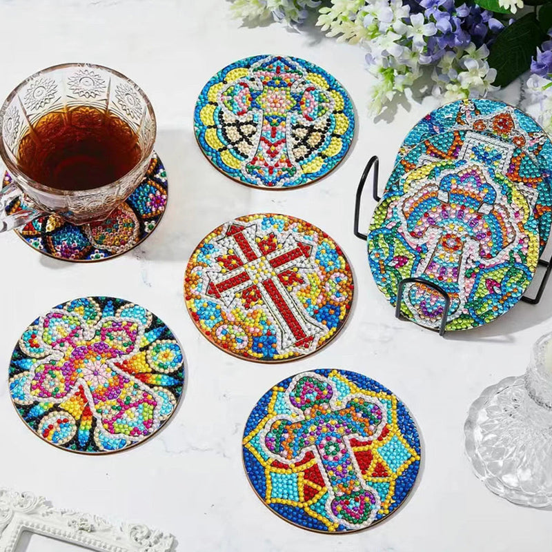 Mandala et croix Sous-tasse Broderie Diamant 8Pcs