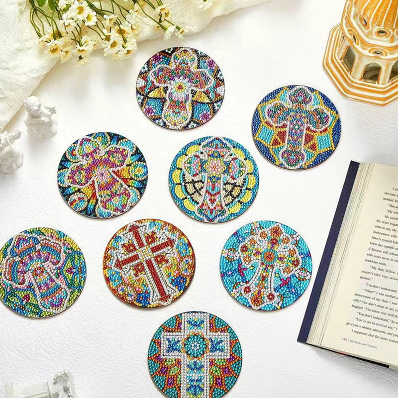 Mandala et croix Sous-tasse Broderie Diamant 8Pcs