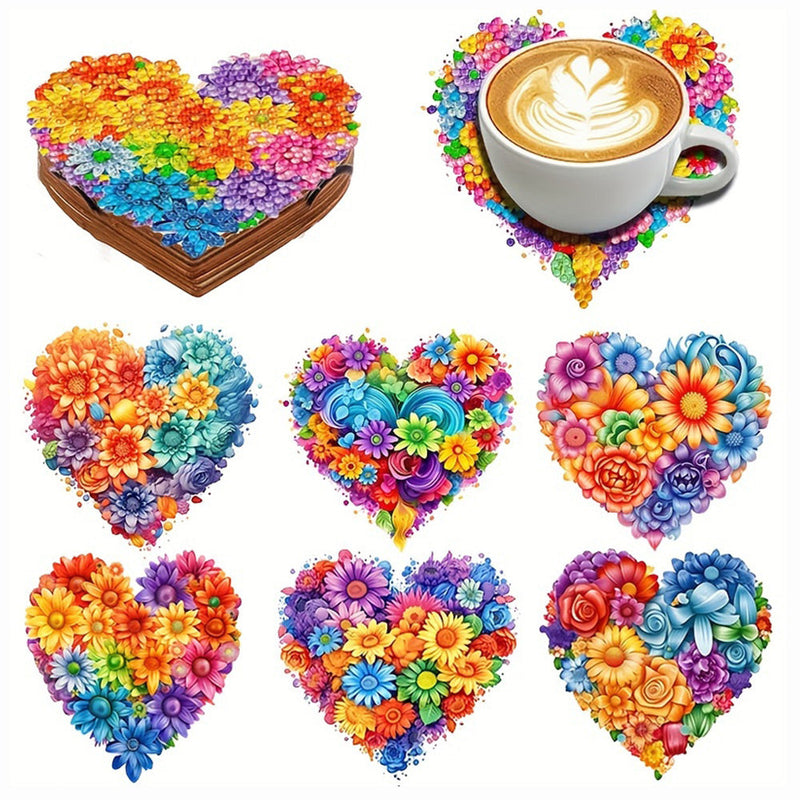 Fleurs colorées en forme de coeur Sous-tasse Broderie Diamant 6Pcs