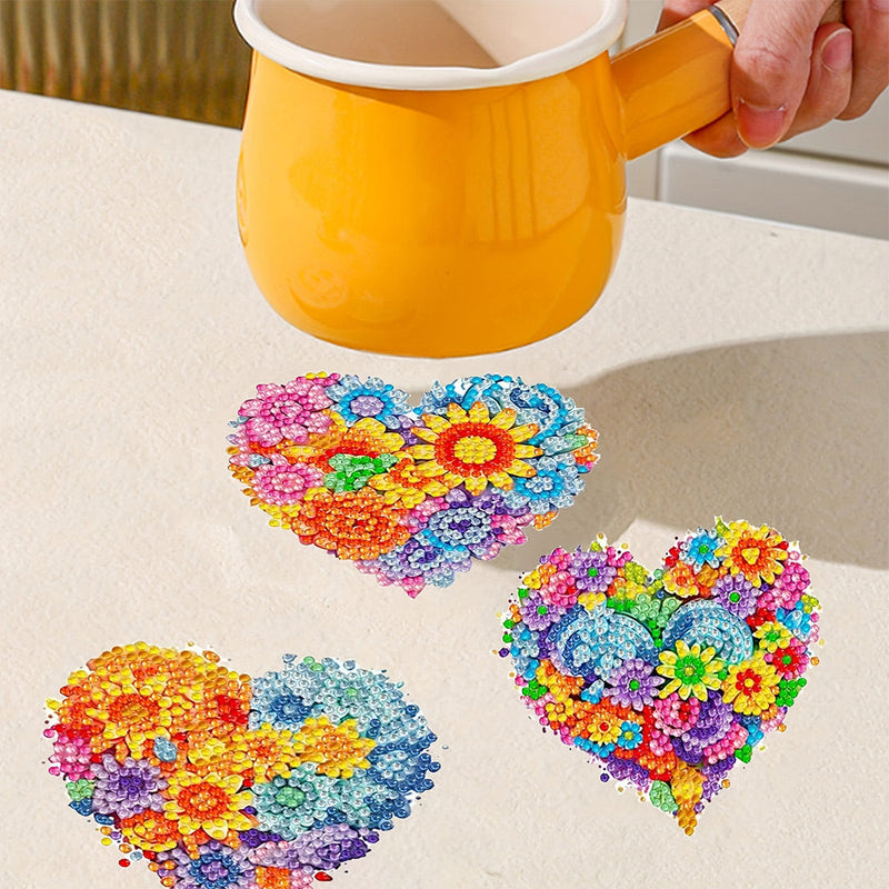 Fleurs colorées en forme de coeur Sous-tasse Broderie Diamant 6Pcs