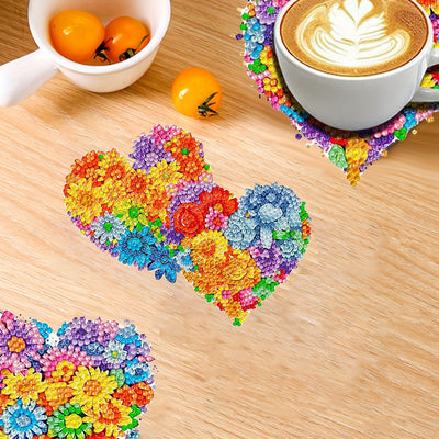 Fleurs colorées en forme de coeur Sous-tasse Broderie Diamant 6Pcs