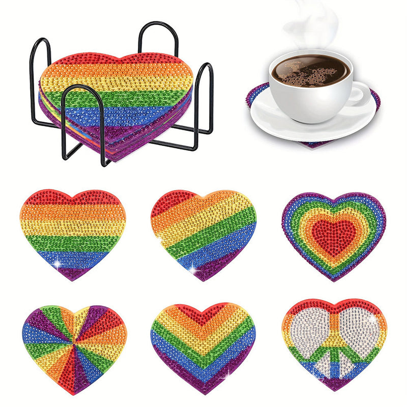 Arc-en-ciel en forme de coeur Sous-tasse Broderie Diamant 6Pcs