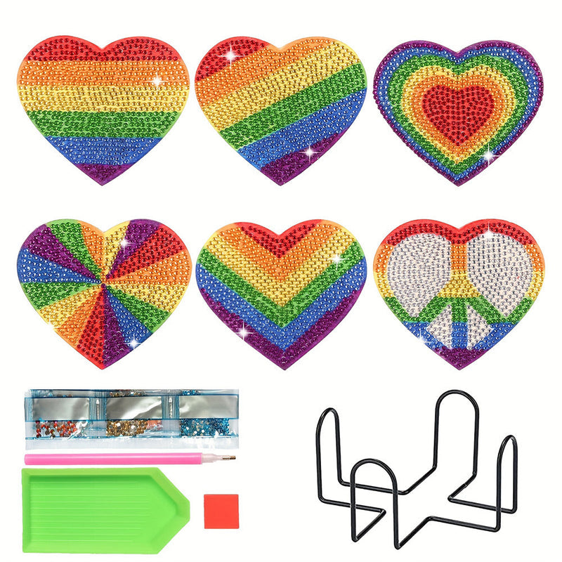 Arc-en-ciel en forme de coeur Sous-tasse Broderie Diamant 6Pcs