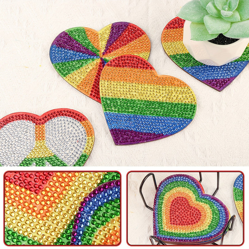 Arc-en-ciel en forme de coeur Sous-tasse Broderie Diamant 6Pcs