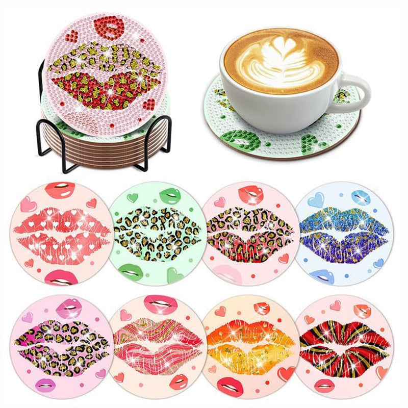 Lèvres de femme Sous-tasse Broderie Diamant 8Pcs