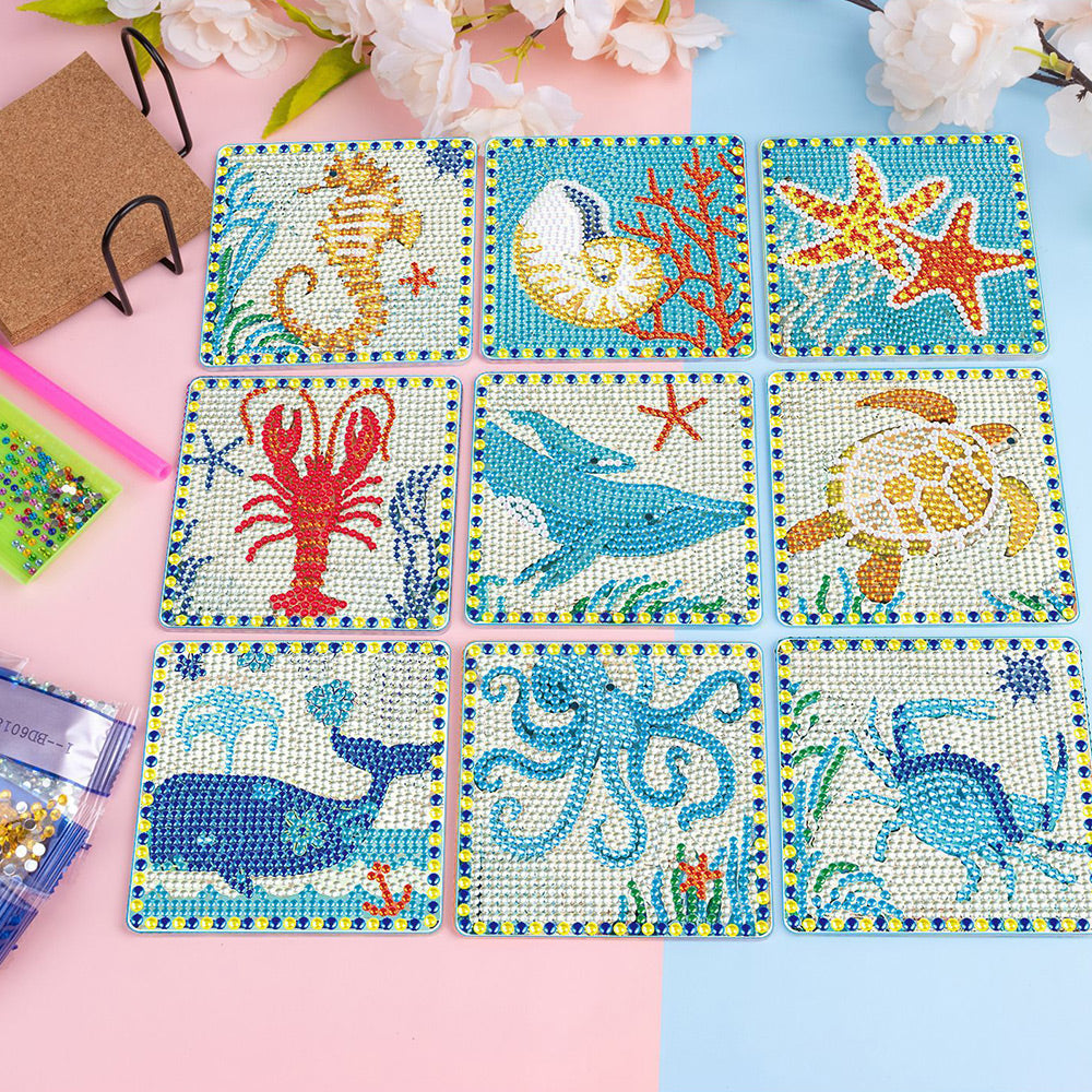 Animaux Marins Carrés Sous-tasse Broderie Diamant 9Pcs