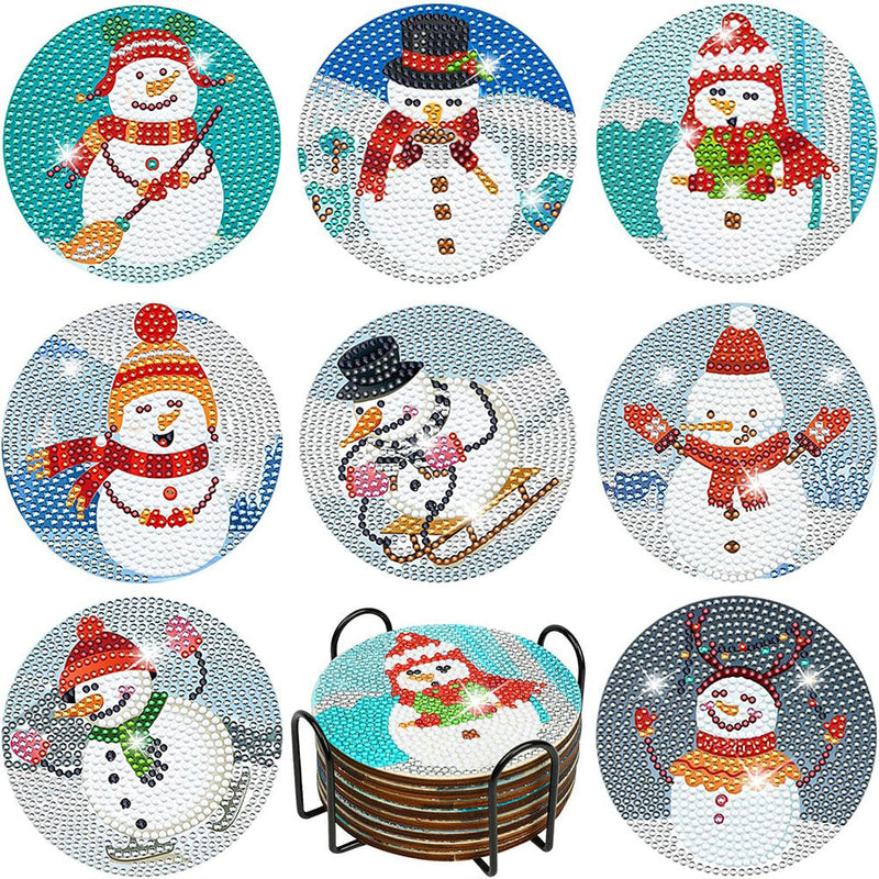 Bonhomme de neige de Noël Sous-tasse Broderie Diamant 8Pcs