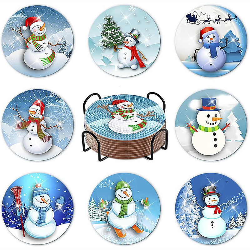 Bonhomme de neige de Noël Sous-tasse Broderie Diamant 8Pcs