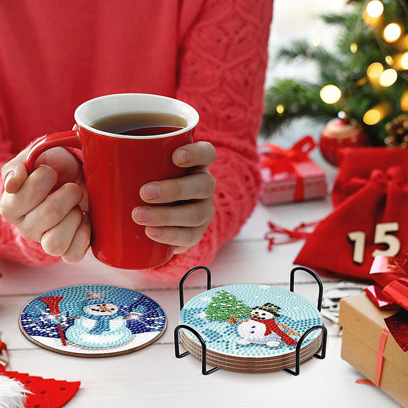 Bonhomme de neige de Noël Sous-tasse Broderie Diamant 8Pcs