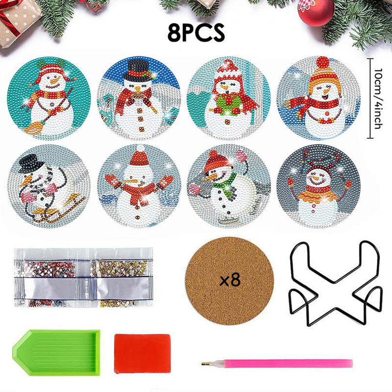 Bonhomme de neige de Noël Sous-tasse Broderie Diamant 8Pcs