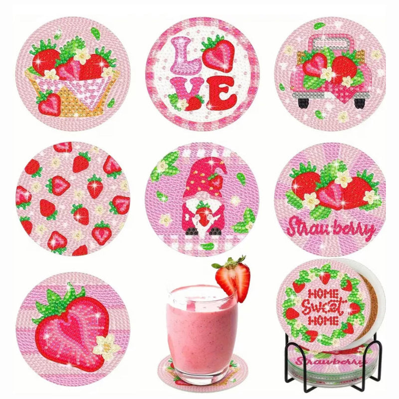 Fraise rose Sous-tasse Broderie Diamant 8Pcs