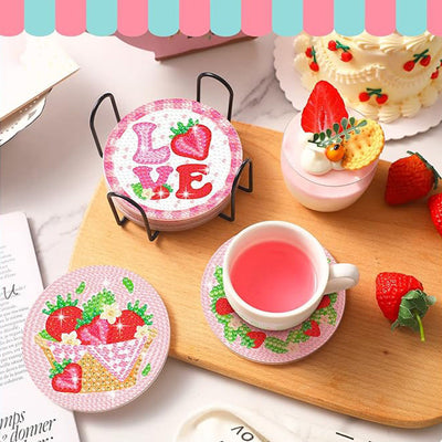 Fraise rose Sous-tasse Broderie Diamant 8Pcs