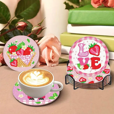 Fraise rose Sous-tasse Broderie Diamant 8Pcs