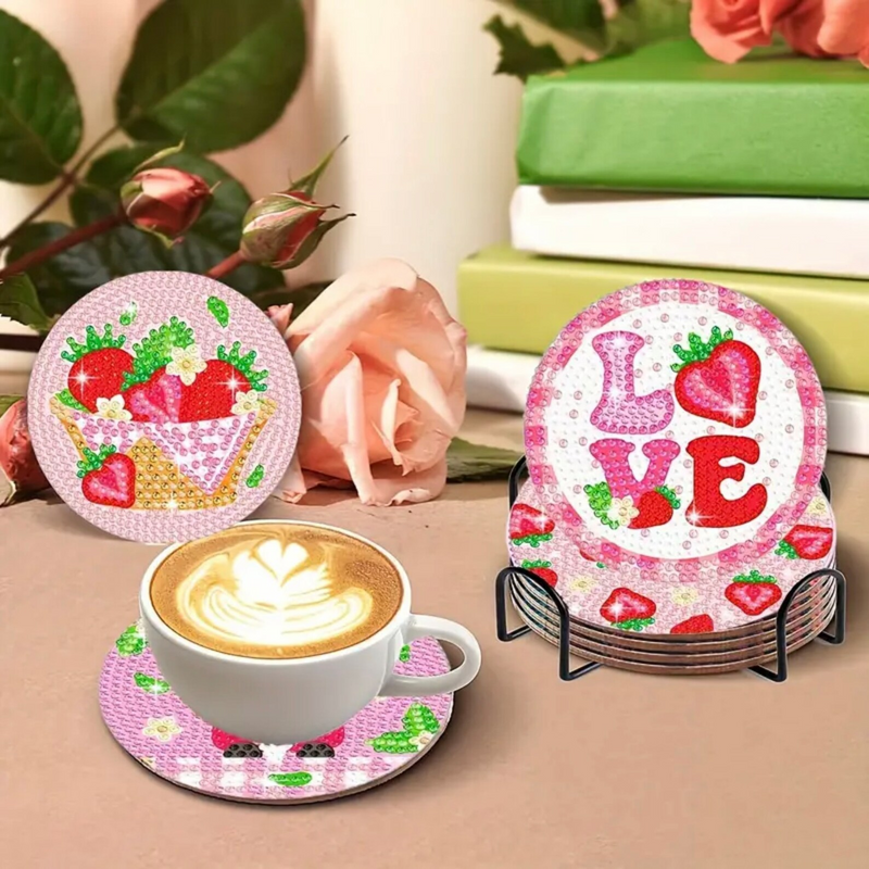 Fraise rose Sous-tasse Broderie Diamant 8Pcs