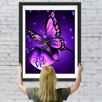 Papillon Violets et Coeur avec le Mot Love Broderie Diamant