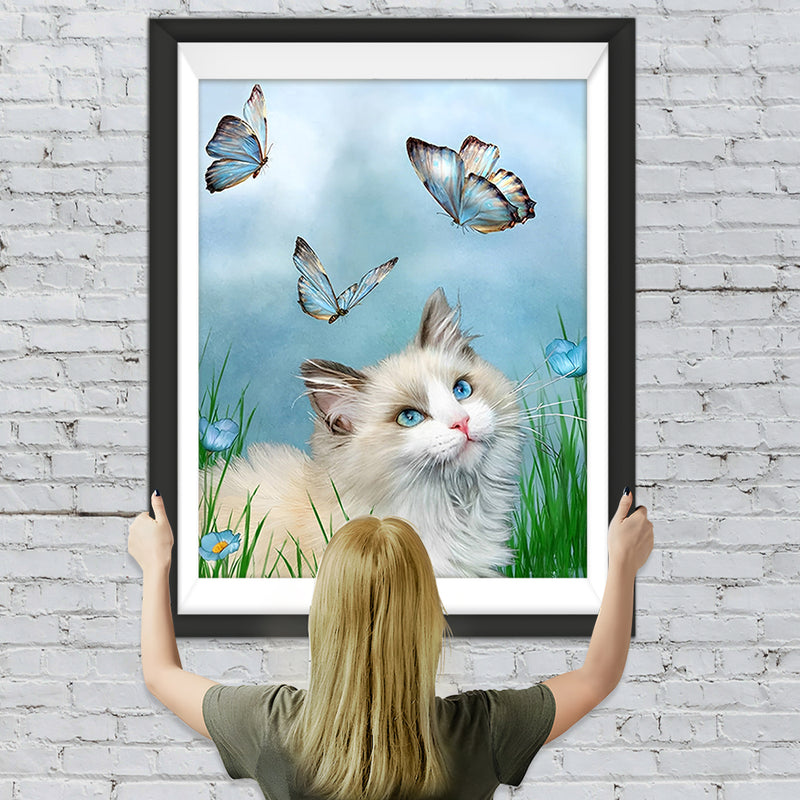 Chat Ragdoll et Papillons Bleus Broderie Diamant
