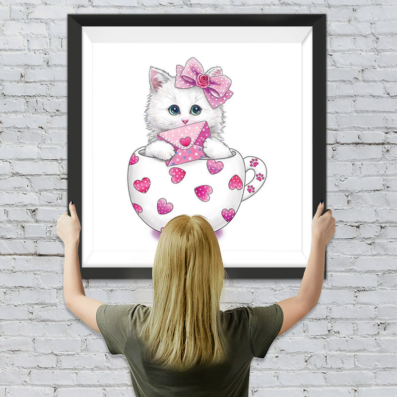 Chat Blanc Cartoon dans le Mug Broderie Diamant