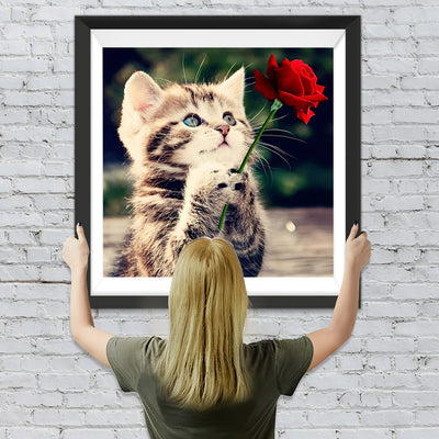 Chat et Rose Rouge Broderie Diamant