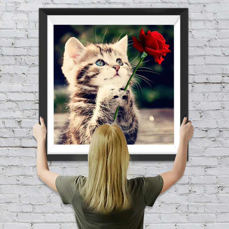 Chat et Rose Rouge Broderie Diamant