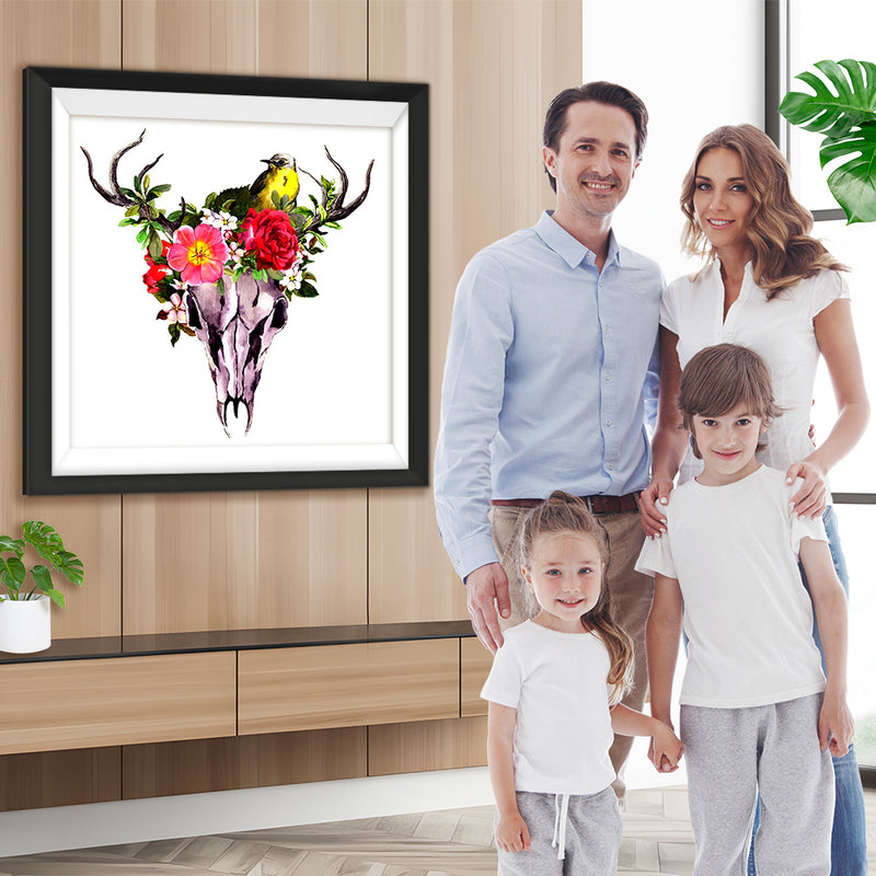 Cerf Squelette et Fleurs Rouges Broderie Diamant