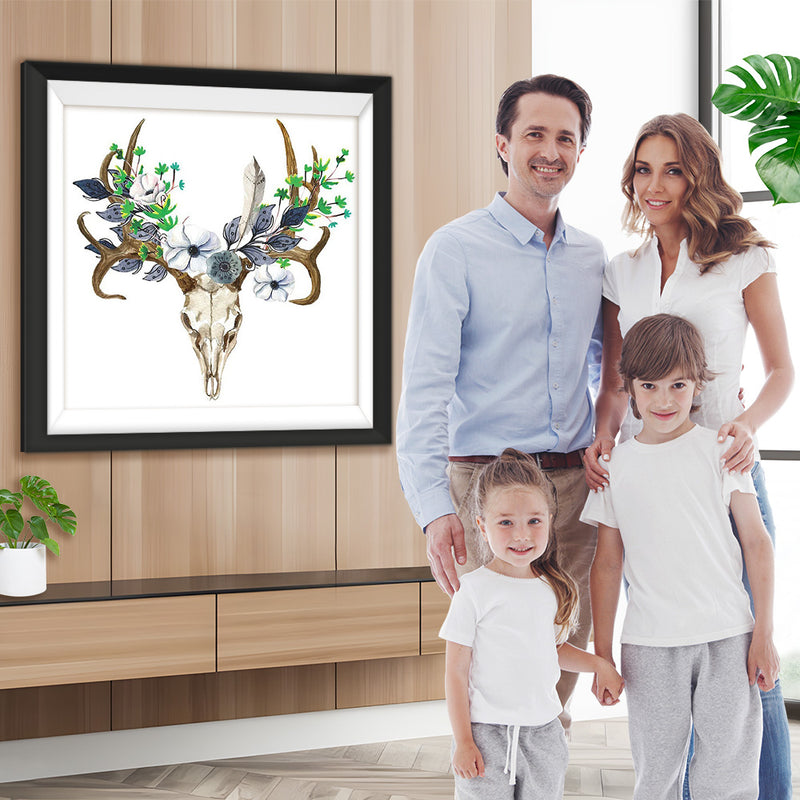 Cerf Squelette et Fleurs Blanches Broderie Diamant