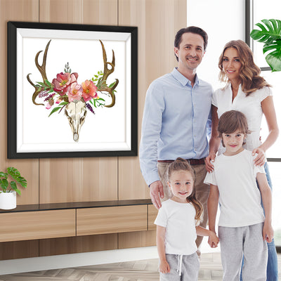 Cerf Squelette et Couronne des Fleurs Roses Broderie Diamant