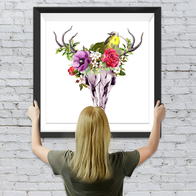 Squelette de Cerf et Couronne des Fleurs Broderie Diamant