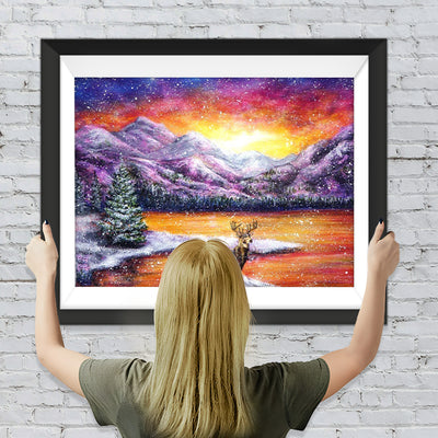 Cerf et Montagnes Violettes Broderie Diamant