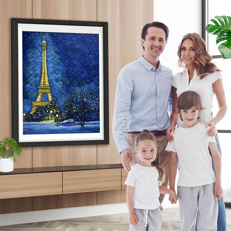 Tour Eiffel dans la Nuit Neigée Broderie Diamant