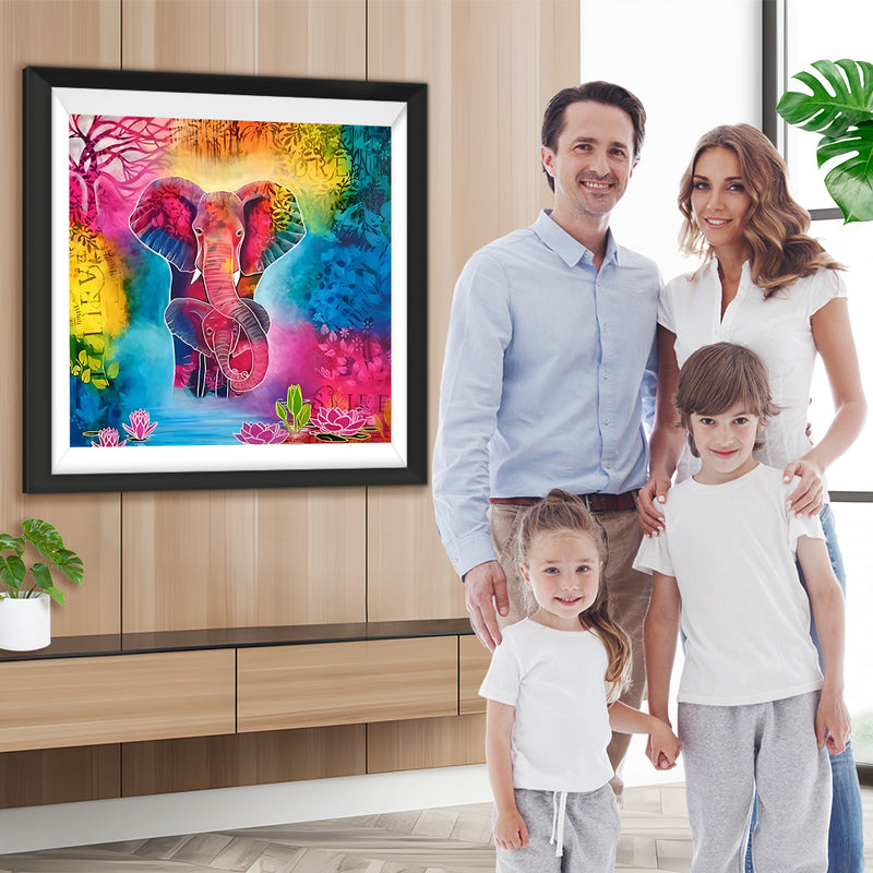 Éléphants Colorés et Lotus Broderie Diamant