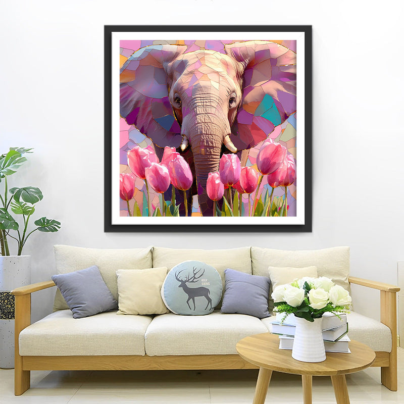 Éléphant et Tulipes Roses Broderie Diamant