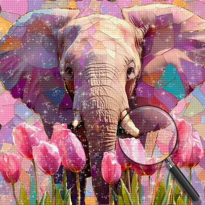 Éléphant et Tulipes Roses Broderie Diamant