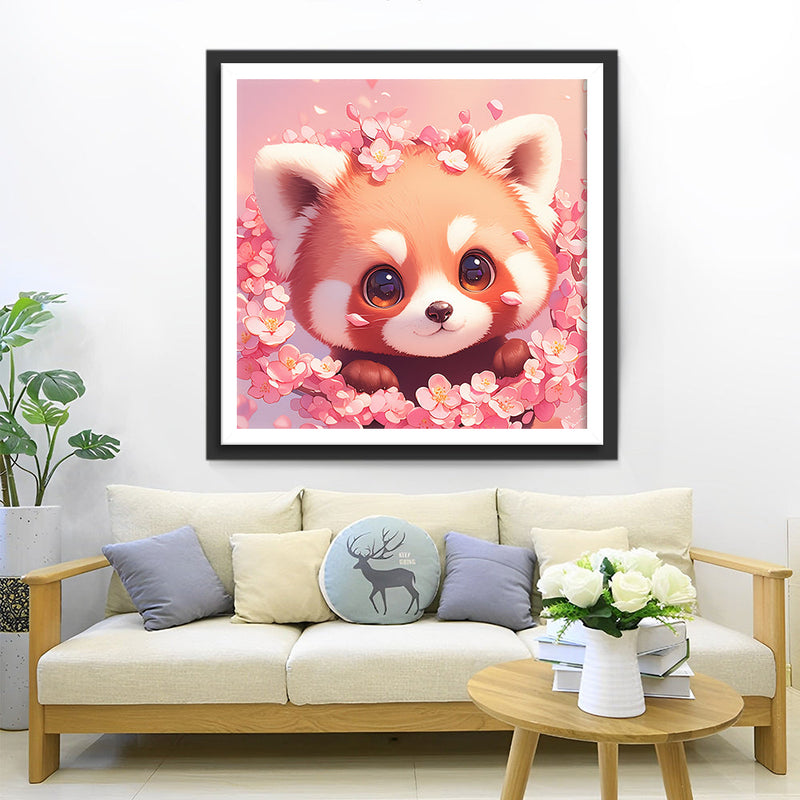 Panda Rouge Mignon et Fleurs Roses Broderie Diamant