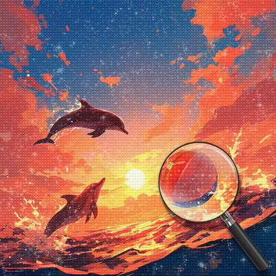 Dauphins au Coucher du Soleil Broderie Diamant