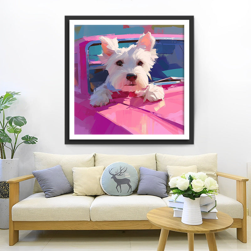 Terrier dans Une Voiture Rose Broderie Diamant