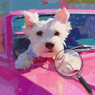 Terrier dans Une Voiture Rose Broderie Diamant