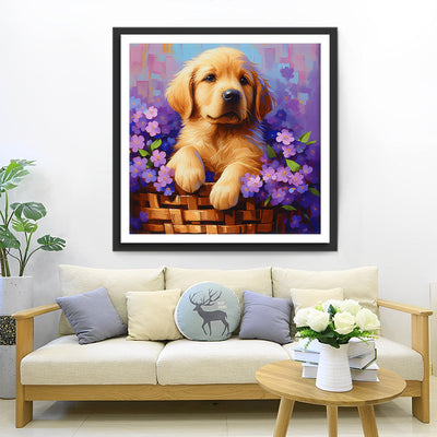 Chiot et Fleurs Violettes dans Un Panier Broderie Diamant