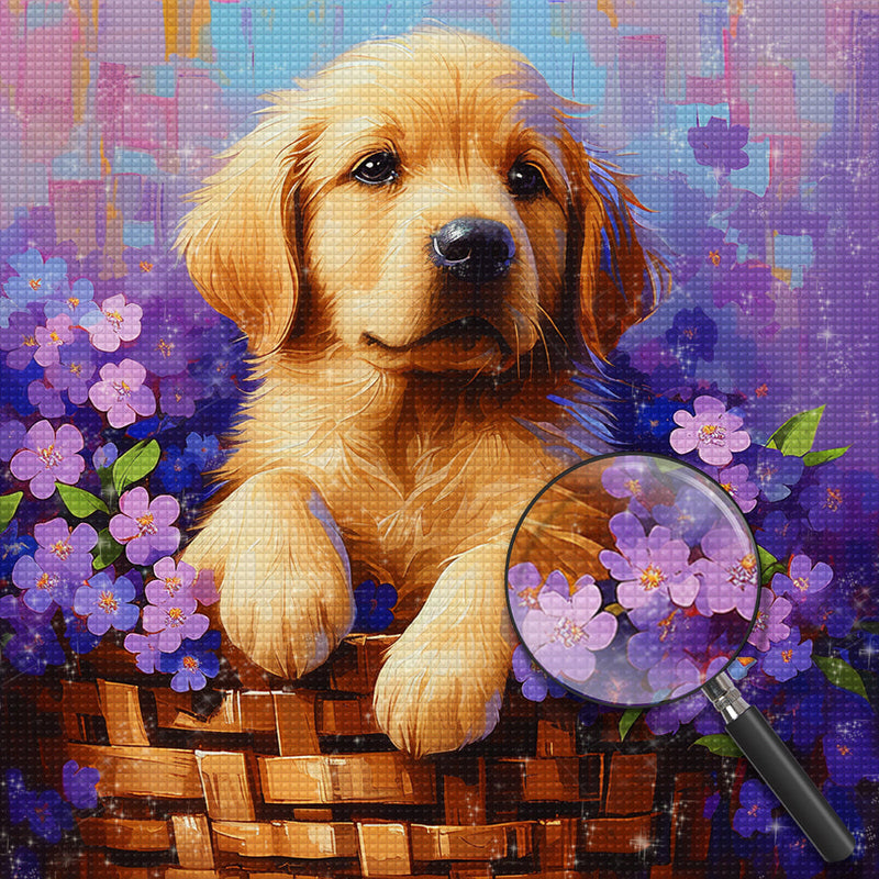 Chiot et Fleurs Violettes dans Un Panier Broderie Diamant